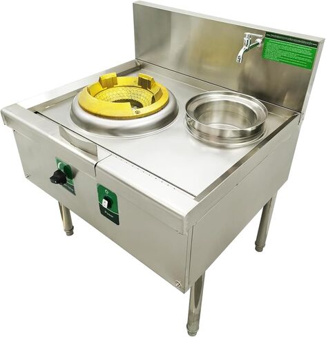 TECHTONGDA Commercial Gas Stove Chinese Wok Range Burner Stainless Steel 15.4" Gas Range LNG LPG Cooker Single Stove 85300BTU with Fan and Faucet for Chinese Cuisine in Saudi Arabia