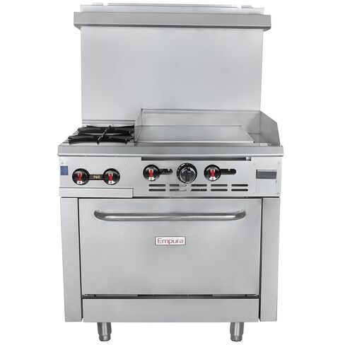 EMPURA 36" Freestanding Natural Gas Range | Cooking Stove with Single Standard Oven (2) Cast-Iron Open Burners and 24" Right Side Griddle | 130,000 BTU | 36"W x 32-1/4"D x 60-3/8"H, Stainless Steel in Kuwait