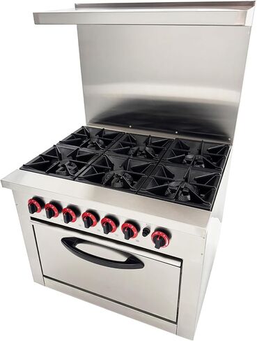 Commercial 6 Burner Gas Range with Bottom Oven - Natural Gas (178,000 BTU), Stainless Steel Stove, Oven Size 23.6"×21.6"×10.2", Rear Splash Guard for Restaurant/Commercial Kitchen in Kuwait