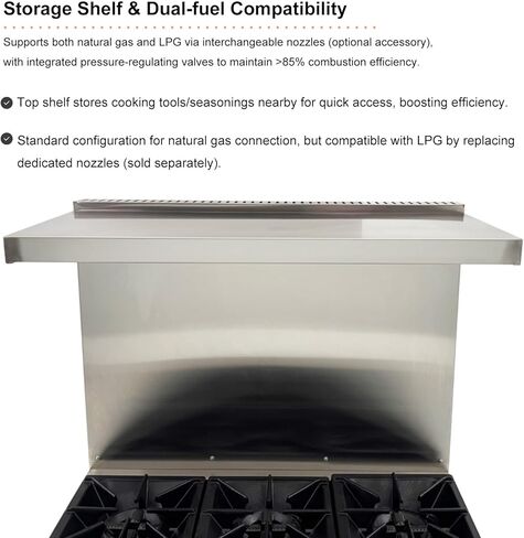 Commercial 6 Burner Gas Range with Bottom Oven - Natural Gas (178,000 BTU), Stainless Steel Stove, Oven Size 23.6"×21.6"×10.2", Rear Splash Guard for Restaurant/Commercial Kitchen in Kuwait