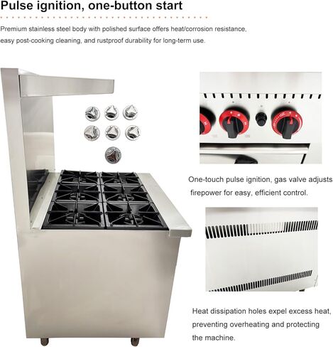 Commercial 6 Burner Gas Range with Bottom Oven - Natural Gas (178,000 BTU), Stainless Steel Stove, Oven Size 23.6"×21.6"×10.2", Rear Splash Guard for Restaurant/Commercial Kitchen in Kuwait
