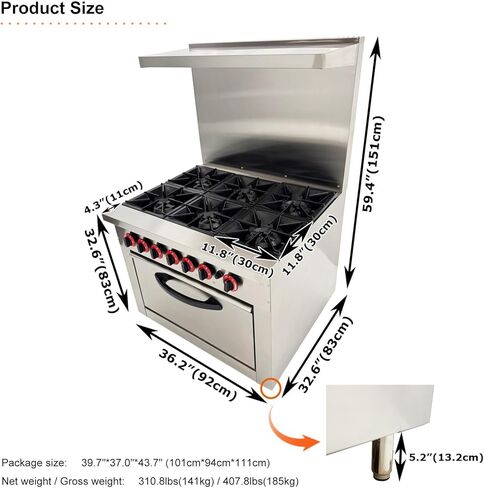 Commercial 6 Burner Gas Range with Bottom Oven - Natural Gas (178,000 BTU), Stainless Steel Stove, Oven Size 23.6"×21.6"×10.2", Rear Splash Guard for Restaurant/Commercial Kitchen in Kuwait