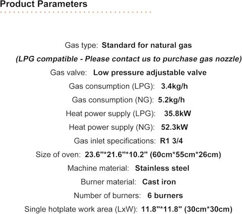 Commercial 6 Burner Gas Range with Bottom Oven - Natural Gas (178,000 BTU), Stainless Steel Stove, Oven Size 23.6"×21.6"×10.2", Rear Splash Guard for Restaurant/Commercial Kitchen in Kuwait