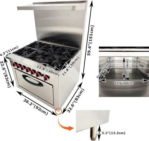 Commercial 6 Burner Gas Range with Bottom Oven - Natural Gas (178,000 BTU), Stainless Steel Stove, Oven Size 23.6"×21.6"×10.2", Rear Splash Guard for Restaurant/Commercial Kitchen in Kuwait
