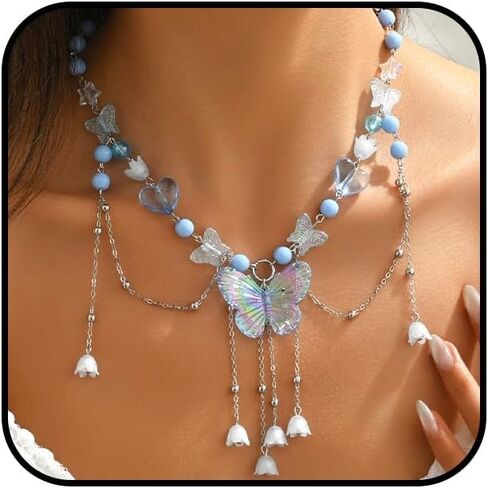قلادة قلادة الفراشة سحر للنساء ، الفراشات الأرجواني الأرجواني الزهرة الملبوس قلادة شرابة القلادة y2k المجوهرات الهدية الجمالية in Kuwait