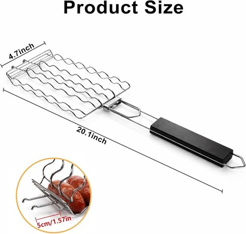 حامل هوت دوج للشواية، سلة شواء من الفولاذ المقاوم للصدأ لستة كلاب هوت دوج، سجق، لحم وخضروات، مقبض خشبي مقاوم للحرارة قابل للإزالة، ملحق شواية محمول، متجر سهل التنظيف in Kuwait