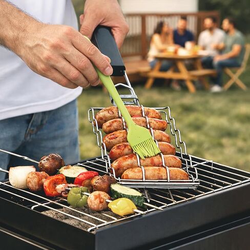 حامل هوت دوج للشواية، سلة شواء من الفولاذ المقاوم للصدأ لستة كلاب هوت دوج، سجق، لحم وخضروات، مقبض خشبي مقاوم للحرارة قابل للإزالة، ملحق شواية محمول، متجر سهل التنظيف in Kuwait
