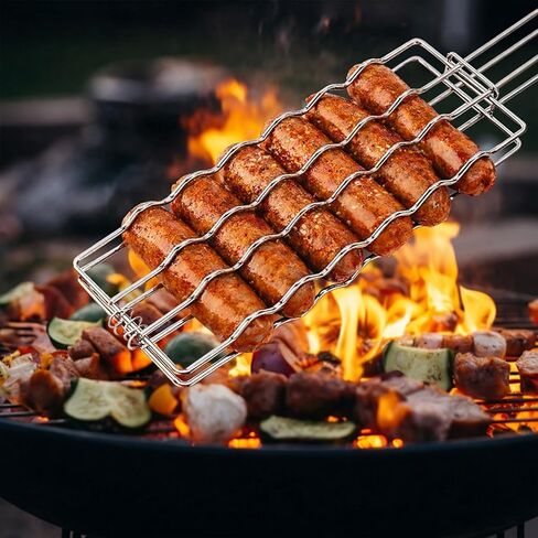حامل هوت دوج للشواية، سلة شواء من الفولاذ المقاوم للصدأ لستة كلاب هوت دوج، سجق، لحم وخضروات، مقبض خشبي مقاوم للحرارة قابل للإزالة، ملحق شواية محمول، متجر سهل التنظيف in Kuwait