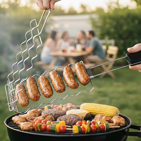حامل هوت دوج للشواية، سلة شواء من الفولاذ المقاوم للصدأ لستة كلاب هوت دوج، سجق، لحم وخضروات، مقبض خشبي مقاوم للحرارة قابل للإزالة، ملحق شواية محمول، متجر سهل التنظيف in Kuwait