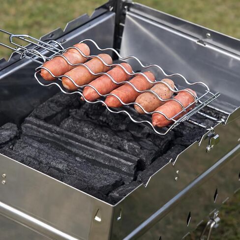 حامل هوت دوج للشواية، سلة شواء من الفولاذ المقاوم للصدأ لستة كلاب هوت دوج، سجق، لحم وخضروات، مقبض خشبي مقاوم للحرارة قابل للإزالة، ملحق شواية محمول، متجر سهل التنظيف in Kuwait