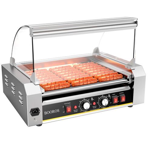 BOOROS 9 Roller Hot Dog Machine 1400W تجاري هوت دوج رولر من الفولاذ المقاوم للصدأ مع تحكم مزدوج في درجة الحرارة، غطاء زجاجي مقسى قابل للإزالة وأضواء LED، سعة 24 هوت دوج للحفلات والمناسبات وأكشاك الطعام in Kuwait