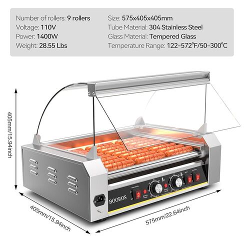 BOOROS 9 Roller Hot Dog Machine 1400W تجاري هوت دوج رولر من الفولاذ المقاوم للصدأ مع تحكم مزدوج في درجة الحرارة، غطاء زجاجي مقسى قابل للإزالة وأضواء LED، سعة 24 هوت دوج للحفلات والمناسبات وأكشاك الطعام in Kuwait