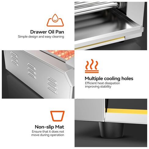 BOOROS 9 Roller Hot Dog Machine 1400W تجاري هوت دوج رولر من الفولاذ المقاوم للصدأ مع تحكم مزدوج في درجة الحرارة، غطاء زجاجي مقسى قابل للإزالة وأضواء LED، سعة 24 هوت دوج للحفلات والمناسبات وأكشاك الطعام in Kuwait