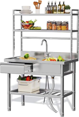 حوض مرافق من الفولاذ المقاوم للصدأ مع أرفف، أحواض مطبخ تجارية ذات وعاء واحد قائم بذاته مع درج وأنابيب مياه، منضدة عمل على سطح الطاولة من الفولاذ المقاوم للصدأ لمطعم المنزل in Kuwait