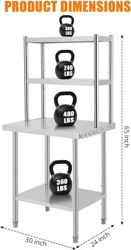 طاولة عمل من الفولاذ المقاوم للصدأ مع أرفف زائدة، طاولة إعداد الطعام التجارية شديدة التحمل، وحدة رفوف قابلة للتعديل لمطعم المطبخ المنزلي، 48 × 24 بوصة/30 × 24 بوصة in Kuwait