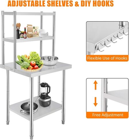 طاولة عمل من الفولاذ المقاوم للصدأ مع أرفف زائدة، طاولة إعداد الطعام التجارية شديدة التحمل، وحدة رفوف قابلة للتعديل لمطعم المطبخ المنزلي، 48 × 24 بوصة/30 × 24 بوصة in Kuwait