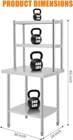 طاولة عمل من الفولاذ المقاوم للصدأ مع أرفف زائدة، طاولة إعداد الطعام التجارية شديدة التحمل، وحدة رفوف قابلة للتعديل لمطعم المطبخ المنزلي، 48 × 24 بوصة/30 × 24 بوصة in Kuwait
