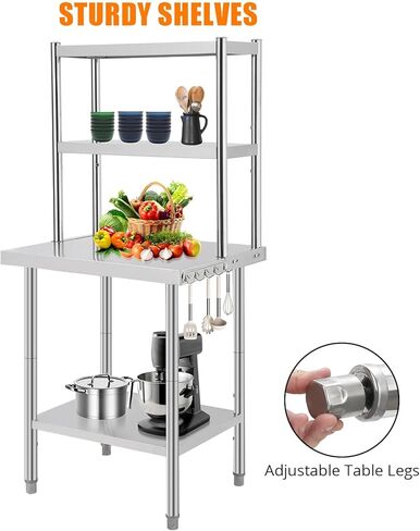 طاولة عمل من الفولاذ المقاوم للصدأ مع أرفف زائدة، طاولة إعداد الطعام التجارية شديدة التحمل، وحدة رفوف قابلة للتعديل لمطعم المطبخ المنزلي، 48 × 24 بوصة/30 × 24 بوصة in Kuwait