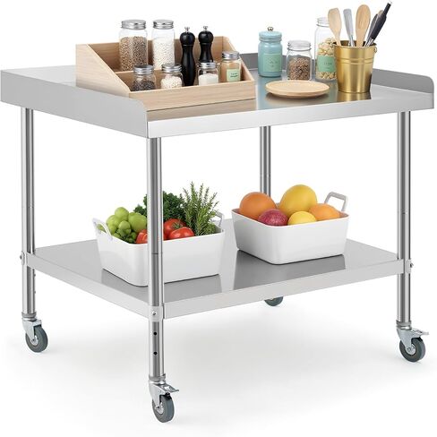 Heavy Duty Stainless Steel Commercial Prep Table with Non-Removable Backsplash,4 Lockable Wheels,400 lbs Load,2" Edge Baffle - for Restaurant, Kitchen, Food Service, Outdoor Grill,36x30x30 inch in Saudi Arabia