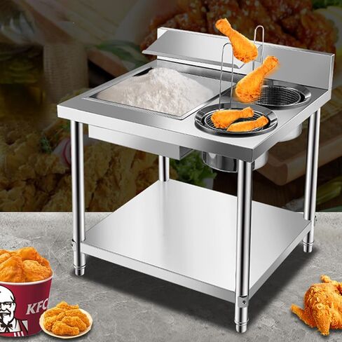 Stainless Steel Breading Table for Fried Chicken with Containers and Baskets - Ideal for Commercial Kitchen and Restaurant Use in Saudi Arabia