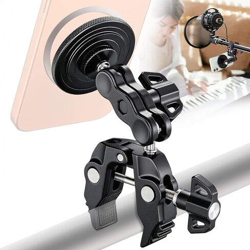 Facmogu Magnetic Phone Holder for Mic Stand, All-Metal 360° Rotatable Magnet Phone Mount with Clamp, Clip Phones Mount for Microphone & Sheet Music Stands, Compatible with Magsafe & iPhone 17-12 in Saudi Arabia