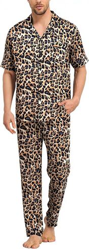 Swomog Mens Pajamas Set Satin PJ Set Short Sleeve Withour Button Down Lounge مجموعة مع الرباط والجيوب S-3XL in Kuwait