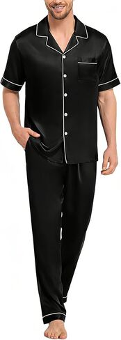 Swomog Mens Pajamas Set Satin PJ Set Short Sleeve Withour Button Down Lounge مجموعة مع الرباط والجيوب S-3XL in Kuwait