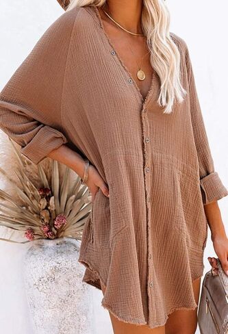 اللون الوردي كوين المرأة الخامس الأكمام طويلة الأكمام لأسفل قميص تونك قميص صغير مع جيوب in Kuwait