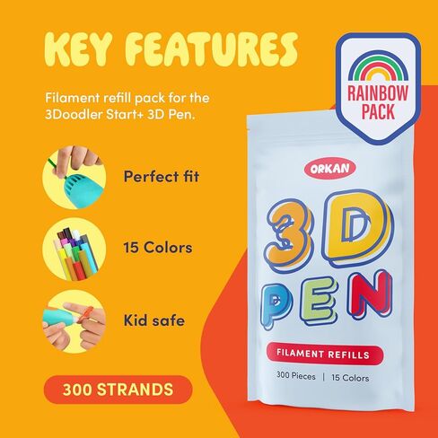 300 x ORKAN 3D Pen Filament Refills | Only Compatible with The 3Doodler Start+ | 15 Rainbow Colors | 6" x 2.5mm PCL Eco-Filament Strands | Safe for Kids | Only for 3Doodler Start+ 3D Pen in Saudi Arabia