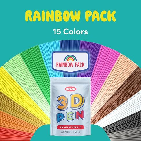300 x ORKAN 3D Pen Filament Refills | Only Compatible with The 3Doodler Start+ | 15 Rainbow Colors | 6" x 2.5mm PCL Eco-Filament Strands | Safe for Kids | Only for 3Doodler Start+ 3D Pen in Saudi Arabia