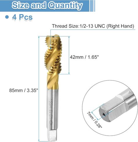 uxcell 4pcs Spiral Flute Thread Taps, 1/2-13 UNC H2 Screw Threading Tap, Titanium Coated 6542 High Speed Steel Machine Tapping Tools for Machinist Repair in Saudi Arabia