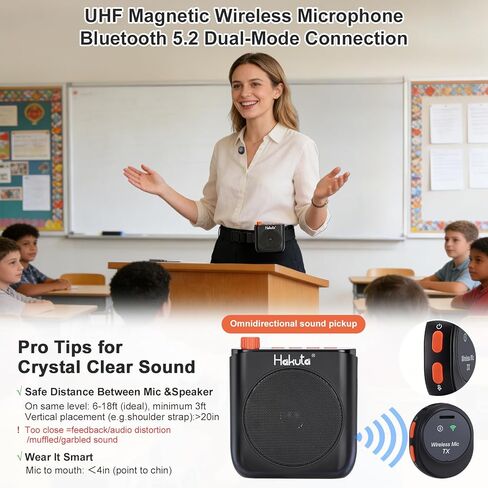 مضخم صوت هاكوتا مع ميكروفون لاسلكي مغناطيسي، مكبر صوت بلوتوث محمول للمعلمين مع 2 ميكروفون، مضخم صوت قابل لإعادة الشحن للفصول الدراسية/الاجتماعات/التدريب/في الهواء الطلق in Kuwait
