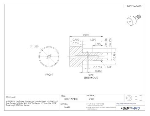 McGill CF1 1/4 Cam Follow، مسمار قياسي، غير مختوم/مشقوق، بوصة، فولاذ، قطر الأسطوانة 1-1/4 بوصة، عرض الأسطوانة 3/4 بوصة، طول المسمار 1-1/4 بوصة، حجم الخيط 1/2 بوصة، الطول الإجمالي 2-1/32 بوصة، قطر المسمار 0.500 بوصة in Kuwait