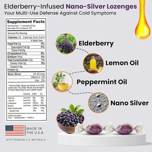 OPTIVIDA Health Natural Colloidal Silver Lozenges 60PPM Elderberry W/Vitamins, Sore Throat, Coughs, Supports Immune System, Fast-Acting Cough Drops, Organic Elderberry (1 Pack) in Kuwait