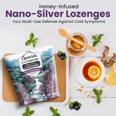 OPTIVIDA Health Natural Colloidal Silver Lozenges 60PPM Elderberry W/Vitamins, Sore Throat, Coughs, Supports Immune System, Fast-Acting Cough Drops, Organic Elderberry (1 Pack) in Kuwait