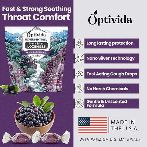 OPTIVIDA Health Natural Colloidal Silver Lozenges 60PPM Elderberry W/Vitamins, Sore Throat, Coughs, Supports Immune System, Fast-Acting Cough Drops, Organic Elderberry (1 Pack) in Kuwait