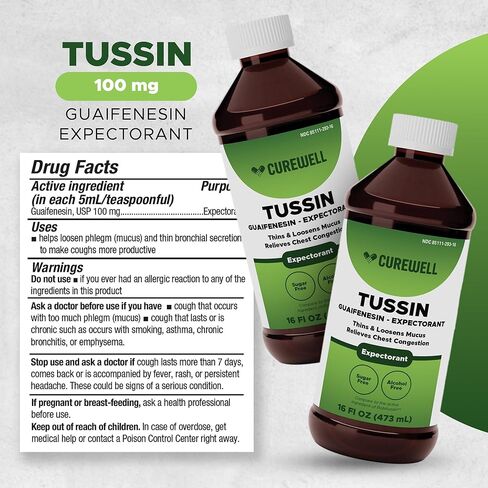 Tussin Guaifenesin Liquid | 100 mg Expectorant Syrup | Alcohol-Free & Sugar-Free | Cough and Cold Relief | Chest Congestion Relief | Thins & Loosens Mucus, 16 fl oz in Saudi Arabia