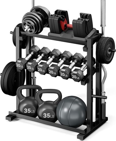 3-Tier Heavy-Duty Dumbbell and Plate Rack 1200LB Capacity, Adjustable Weight Storage Stand for Dumbbells, Kettlebells, Barbells & Weight Plates, Compact Multifunctional Organizer for Home Gym in Kuwait