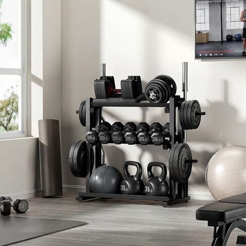 3-Tier Heavy-Duty Dumbbell and Plate Rack 1200LB Capacity, Adjustable Weight Storage Stand for Dumbbells, Kettlebells, Barbells & Weight Plates, Compact Multifunctional Organizer for Home Gym in Kuwait