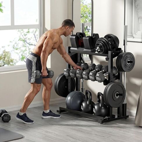 3-Tier Heavy-Duty Dumbbell and Plate Rack 1200LB Capacity, Adjustable Weight Storage Stand for Dumbbells, Kettlebells, Barbells & Weight Plates, Compact Multifunctional Organizer for Home Gym in Kuwait
