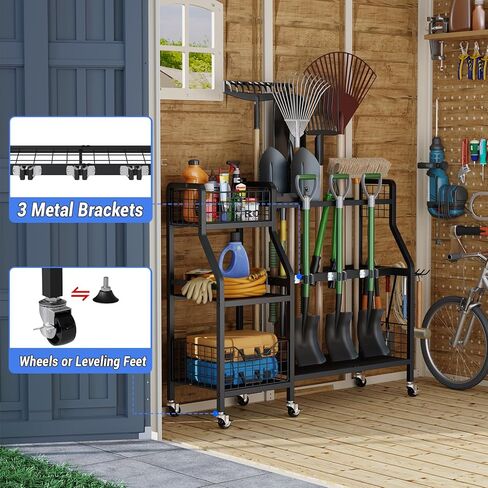منظم أدوات الحديقة من keomaisyto مع 6 عجلات (3 قابلة للقفل)، منظم أدوات ساحة شديدة التحمل مع سلتين، منظمة أدوات جراج معدنية كبيرة وتخزين للمرآب/السقيفة/الفناء/خزانة المكنسة/الحديقة in Kuwait
