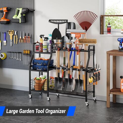 منظم أدوات الحديقة من keomaisyto مع 6 عجلات (3 قابلة للقفل)، منظم أدوات ساحة شديدة التحمل مع سلتين، منظمة أدوات جراج معدنية كبيرة وتخزين للمرآب/السقيفة/الفناء/خزانة المكنسة/الحديقة in Kuwait