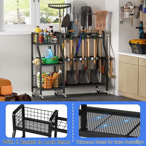 منظم أدوات الحديقة من keomaisyto مع 6 عجلات (3 قابلة للقفل)، منظم أدوات ساحة شديدة التحمل مع سلتين، منظمة أدوات جراج معدنية كبيرة وتخزين للمرآب/السقيفة/الفناء/خزانة المكنسة/الحديقة in Kuwait