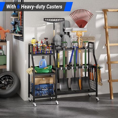 منظم أدوات الحديقة من keomaisyto مع 6 عجلات (3 قابلة للقفل)، منظم أدوات ساحة شديدة التحمل مع سلتين، منظمة أدوات جراج معدنية كبيرة وتخزين للمرآب/السقيفة/الفناء/خزانة المكنسة/الحديقة in Kuwait
