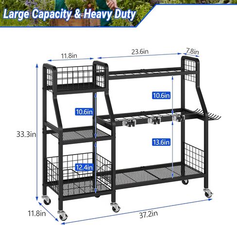 منظم أدوات الحديقة من keomaisyto مع 6 عجلات (3 قابلة للقفل)، منظم أدوات ساحة شديدة التحمل مع سلتين، منظمة أدوات جراج معدنية كبيرة وتخزين للمرآب/السقيفة/الفناء/خزانة المكنسة/الحديقة in Kuwait