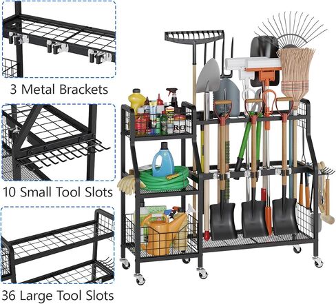 منظم أدوات الحديقة من keomaisyto مع 6 عجلات (3 قابلة للقفل)، منظم أدوات ساحة شديدة التحمل مع سلتين، منظمة أدوات جراج معدنية كبيرة وتخزين للمرآب/السقيفة/الفناء/خزانة المكنسة/الحديقة in Kuwait