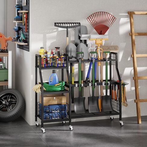 منظم أدوات الحديقة من keomaisyto مع 6 عجلات (3 قابلة للقفل)، منظم أدوات ساحة شديدة التحمل مع سلتين، منظمة أدوات جراج معدنية كبيرة وتخزين للمرآب/السقيفة/الفناء/خزانة المكنسة/الحديقة in Kuwait