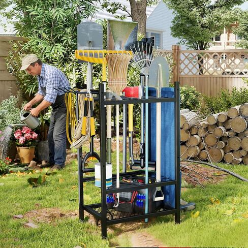 Garden Tool Organizer, Garden Yard Tool Rack for Garage, Garage Organization and Storage, Metal Yard Tools Storage up to 46 Tools/Rake/Broom/shovel/, Suitable for Garage, Yard, Patio, Shed in Kuwait