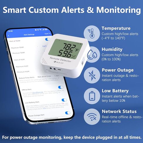 Remote WiFi Temperature & Humidity Sensor, No Subscription 24/7 Remote Temp Monitor with Email, Text Alerts, Sound & Light Alarm, Idea for RV, Pet, Greenhouse, Farm, Freezer, Server Room in Saudi Arabia
