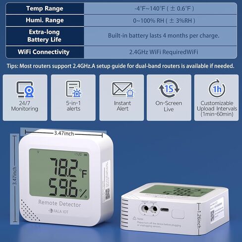 Remote WiFi Temperature & Humidity Sensor, No Subscription 24/7 Remote Temp Monitor with Email, Text Alerts, Sound & Light Alarm, Idea for RV, Pet, Greenhouse, Farm, Freezer, Server Room in Saudi Arabia
